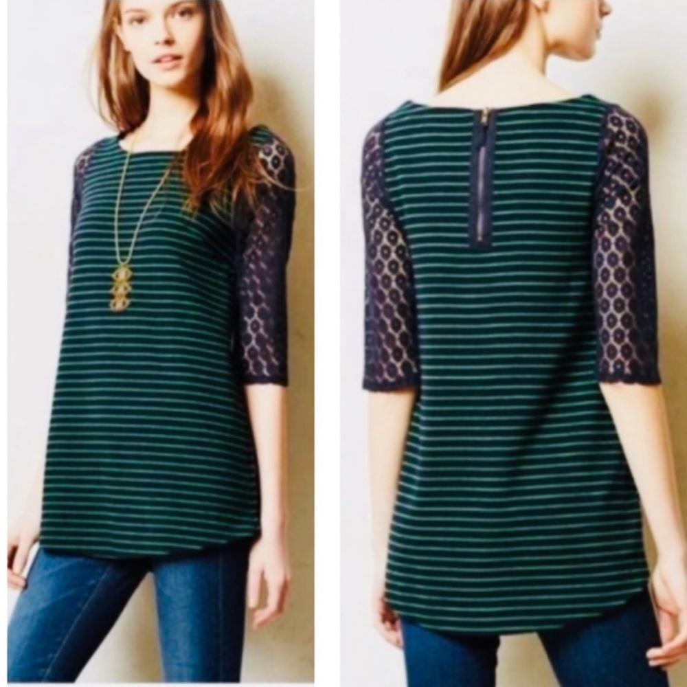 POSTMARK 🌲 Anthropologie Striped Tunic Zip Back Lace Sleeve Dress - Size L